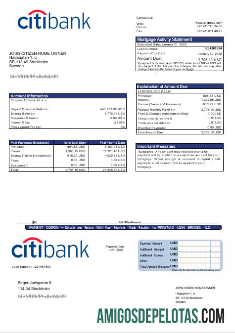 Extrato de hipoteca do Citibank sueco em formatos Word e PDF baixar para verificação